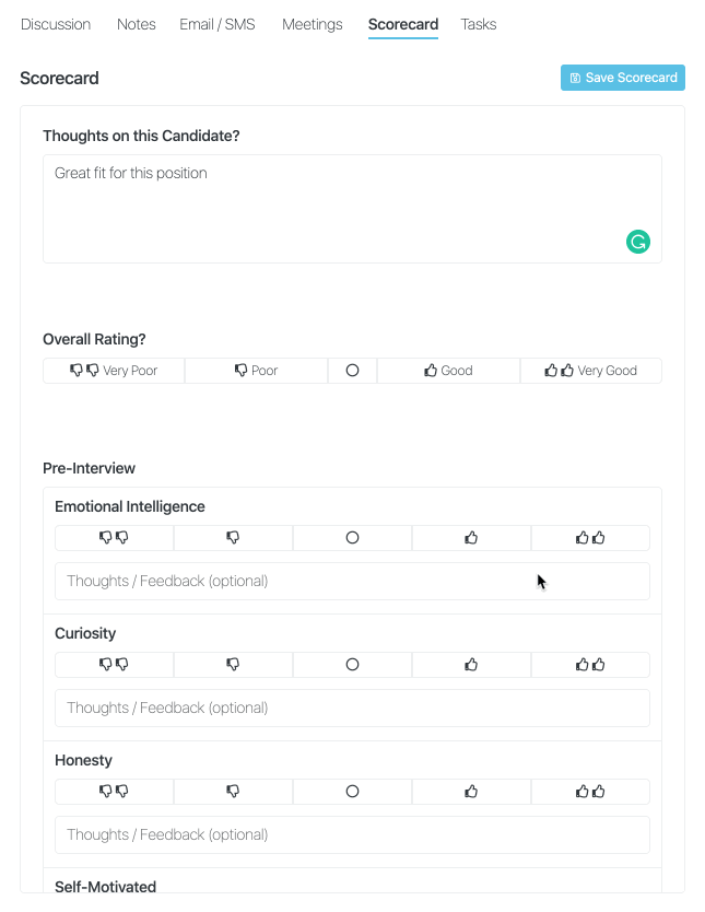 Breezy user showing off the scorecard feature on a candidate