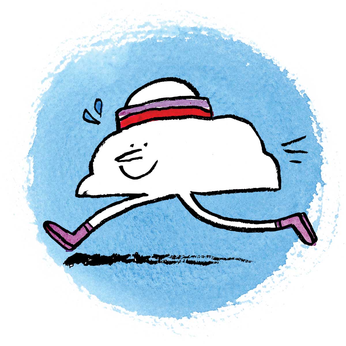 A cloud character with a sweat band on running.