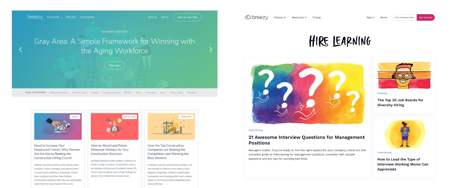 Breezy HR site comparison showing new illustration style