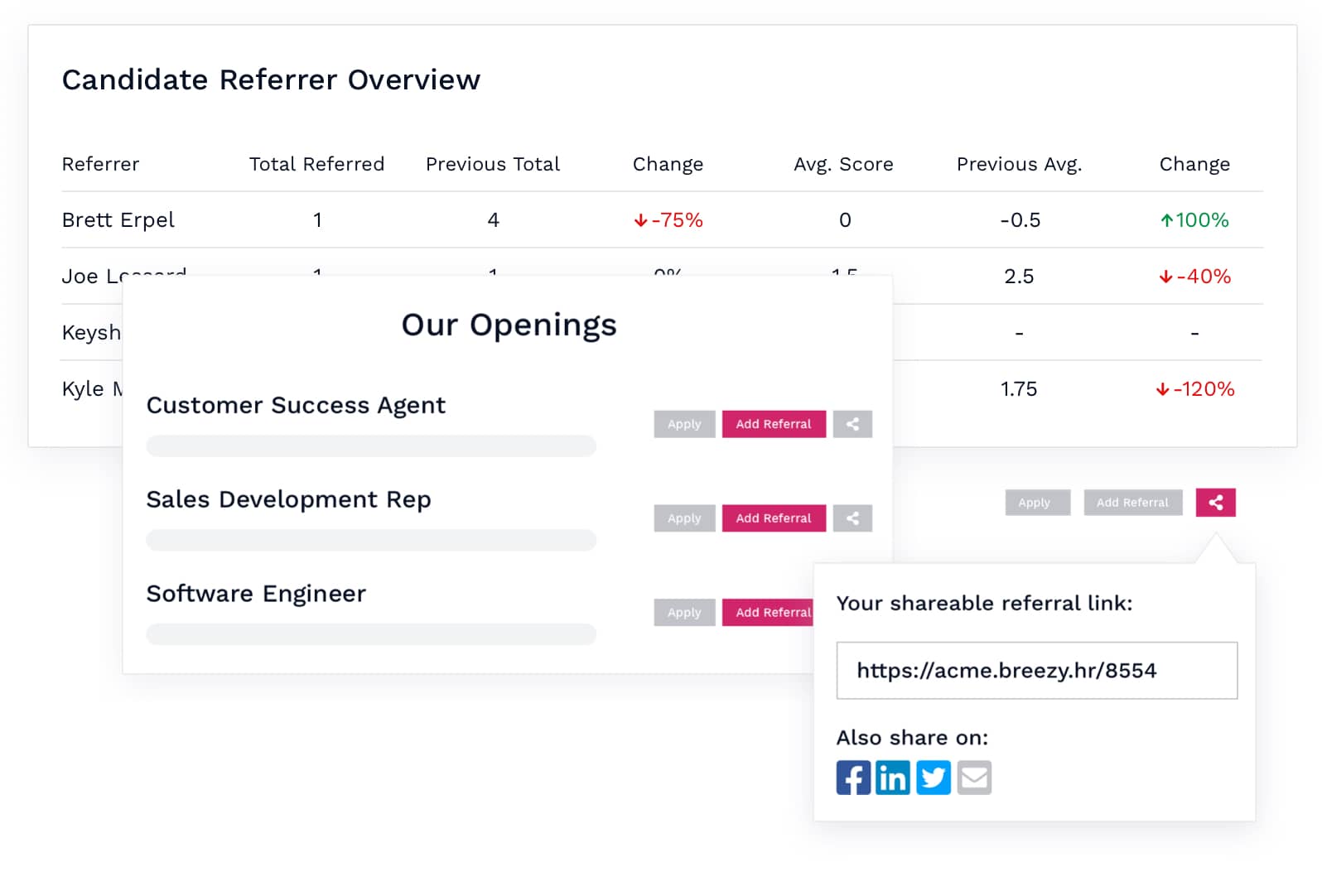 Breezy examples of the different referral options within the platform