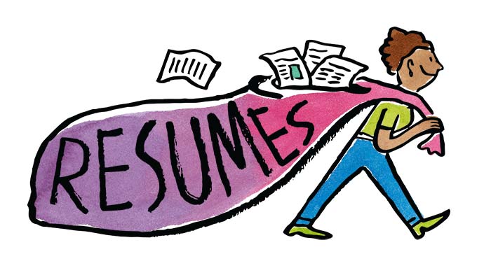 A person pulling a huge bag of resumes