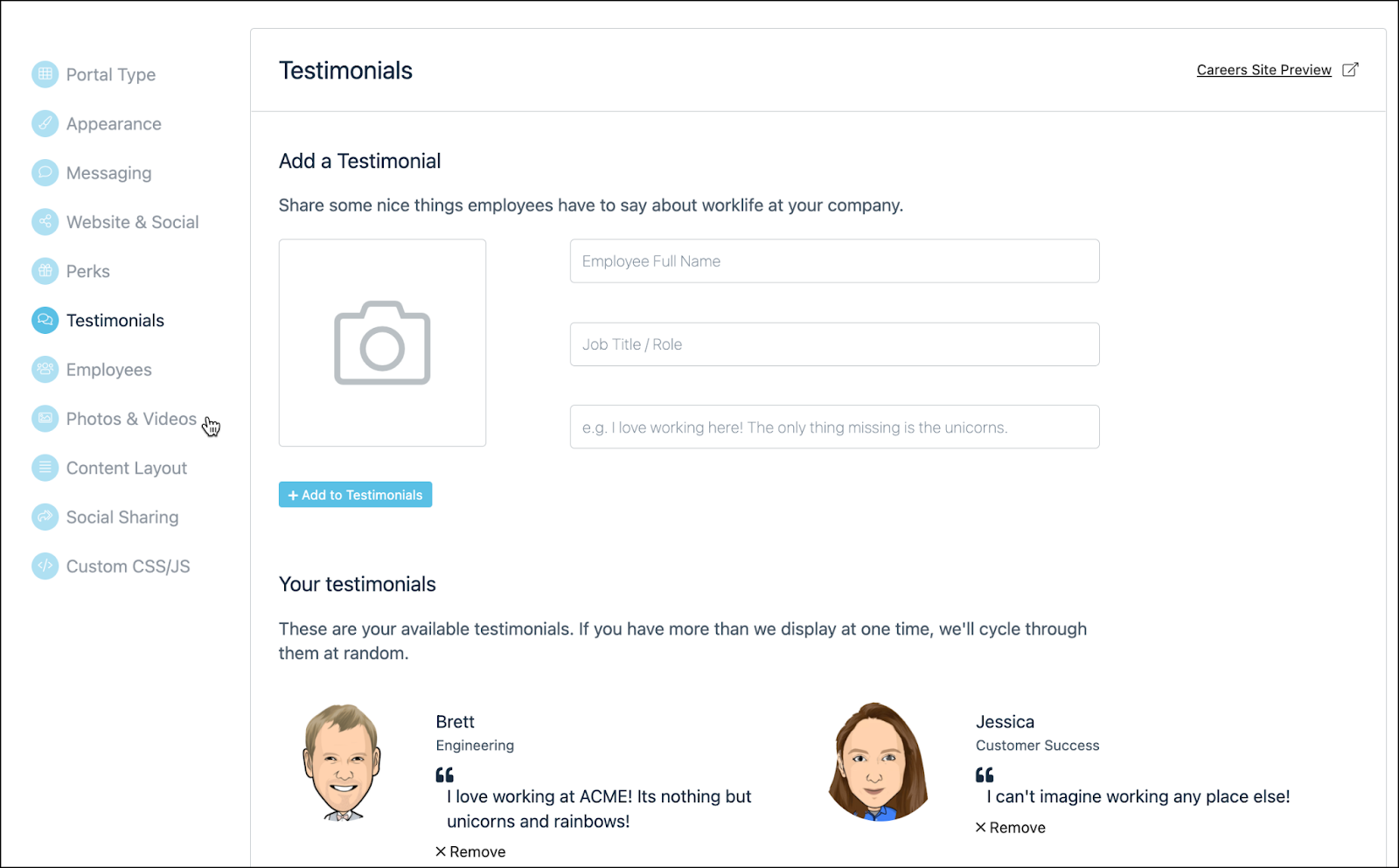 Career portal testimonial settings